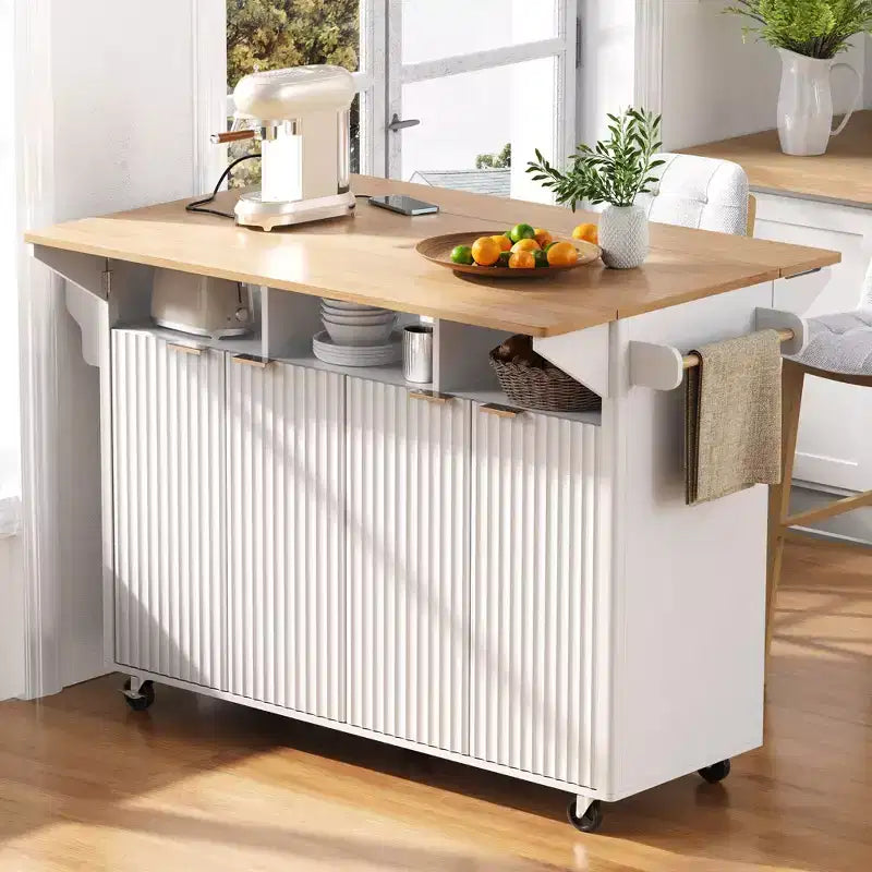 TUYOHW Fluted Kitchen Island with 2 Drop Leaf,Kitchen Storage Cart with Charging Station,Spice Rack,Storage Cabinet for Kitchen,Dining Room
