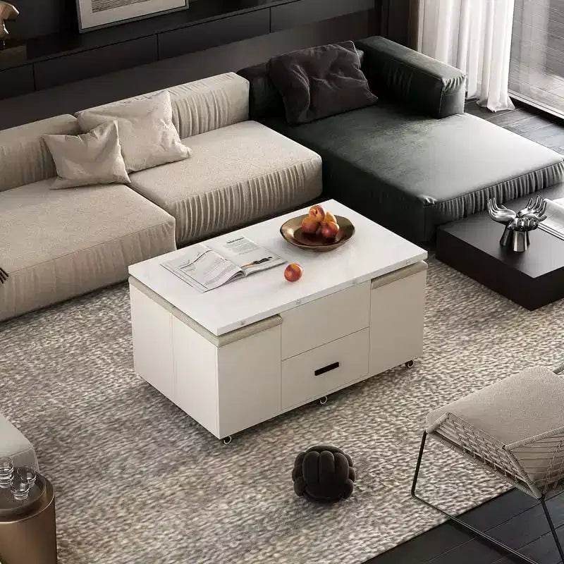 Modern lift-up coffee table with 4 stools, expandable design, hidden storage, 2 drawersspace-saving folding dining table for living room.