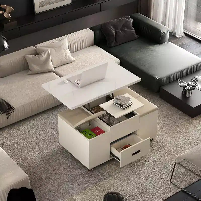 Modern lift-up coffee table with 4 stools, expandable design, hidden storage, 2 drawersspace-saving folding dining table for living room.