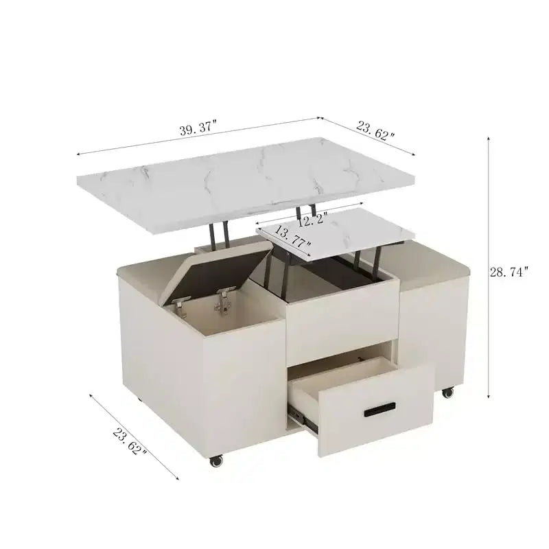 Modern lift-up coffee table with 4 stools, expandable design, hidden storage, 2 drawersspace-saving folding dining table for living room.