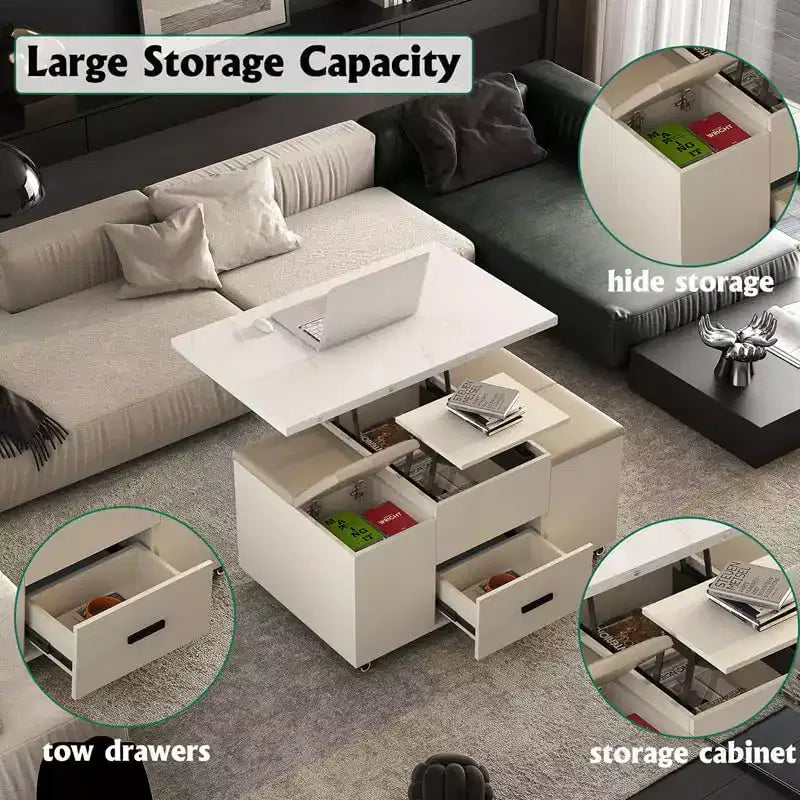 Modern lift-up coffee table with 4 stools, expandable design, hidden storage, 2 drawersspace-saving folding dining table for living room.