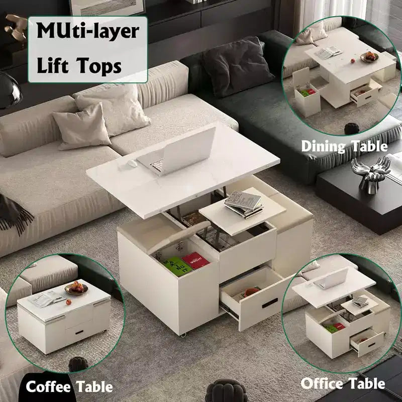 Modern lift-up coffee table with 4 stools, expandable design, hidden storage, 2 drawersspace-saving folding dining table for living room.
