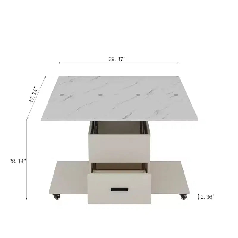 Modern lift-up coffee table with 4 stools, expandable design, hidden storage, 2 drawersspace-saving folding dining table for living room.