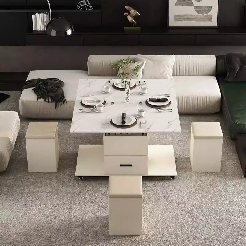 Modern lift-up coffee table with 4 stools, expandable design, hidden storage, 2 drawersspace-saving folding dining table for living room.