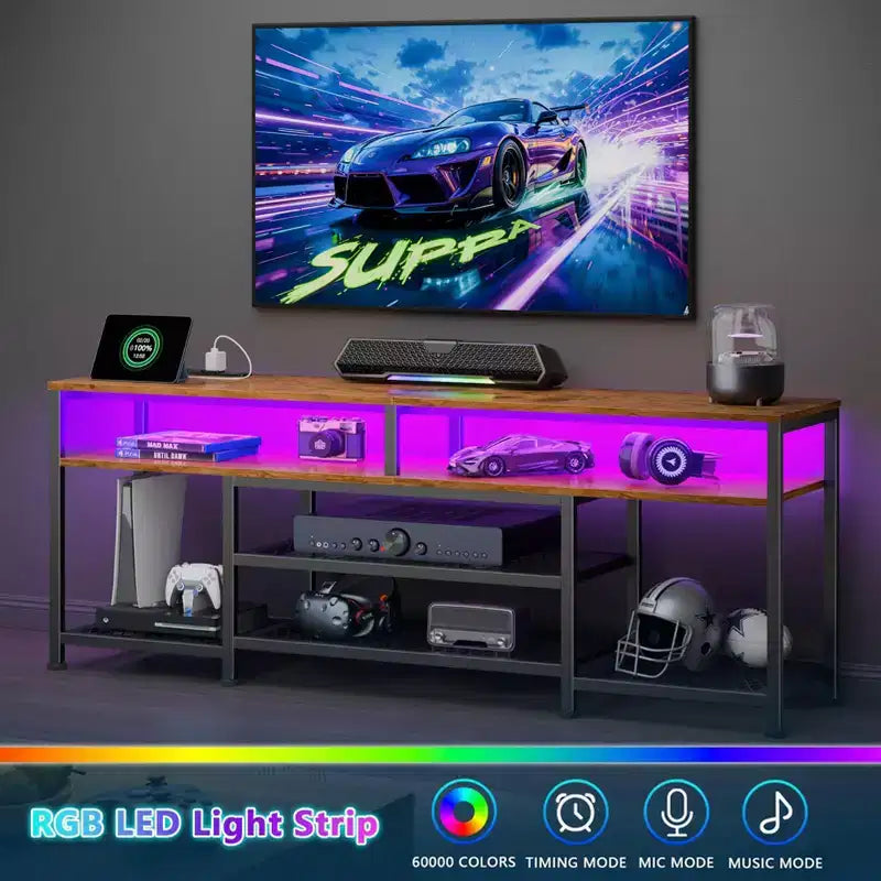 Meuble TV Rustique Marron de 160 cm avec Station de Chargement, Lumières LED, Centre de Divertissement pour TV jusqu'à 70 Pouces, Console Média avec Étagères de Rangement pour Salon