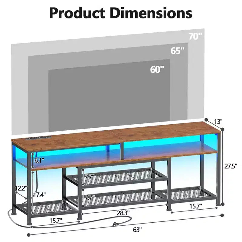 Meuble TV Rustique Marron de 160 cm avec Station de Chargement, Lumières LED, Centre de Divertissement pour TV jusqu'à 70 Pouces, Console Média avec Étagères de Rangement pour Salon