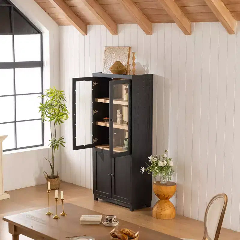 Meuble de présentation en bois de frêne de 189 cm avec portes vitrées et étagères réglables
