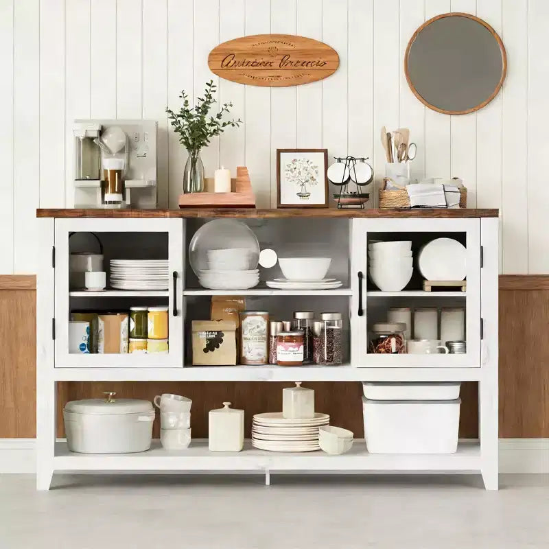 Buffet de cuisine de 53 po - Meuble de rangement moderne avec 2 portes vitrées et 3 étagères pour salon, entrée, salle à manger