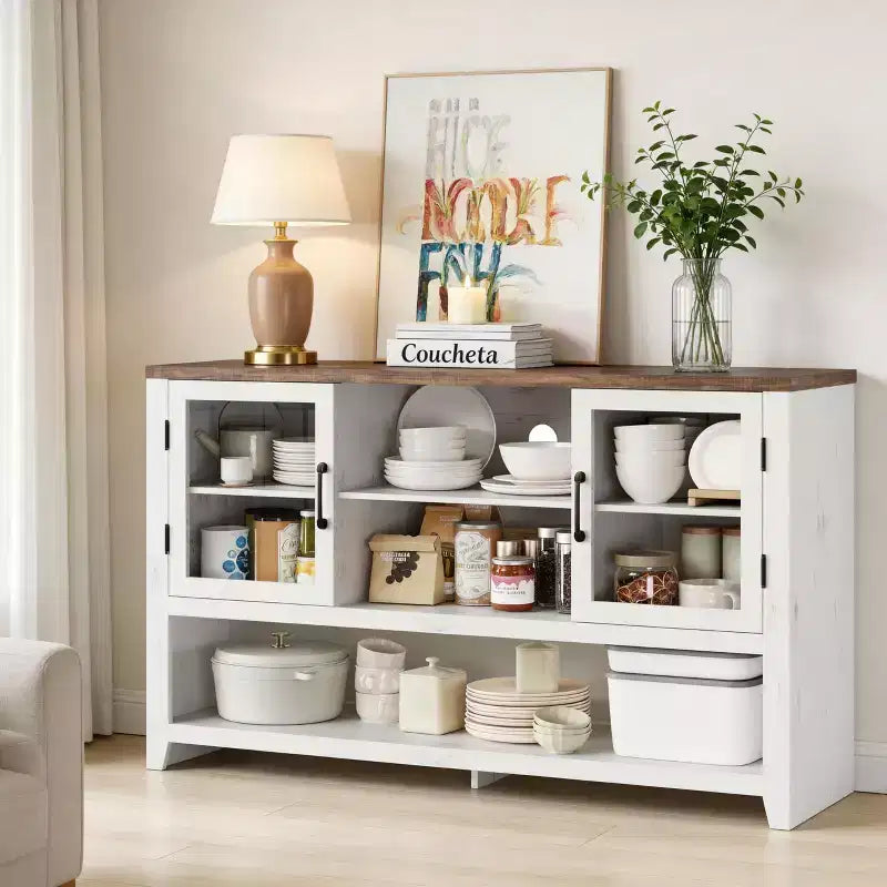 Buffet de cuisine de 53 po - Meuble de rangement moderne avec 2 portes vitrées et 3 étagères pour salon, entrée, salle à manger