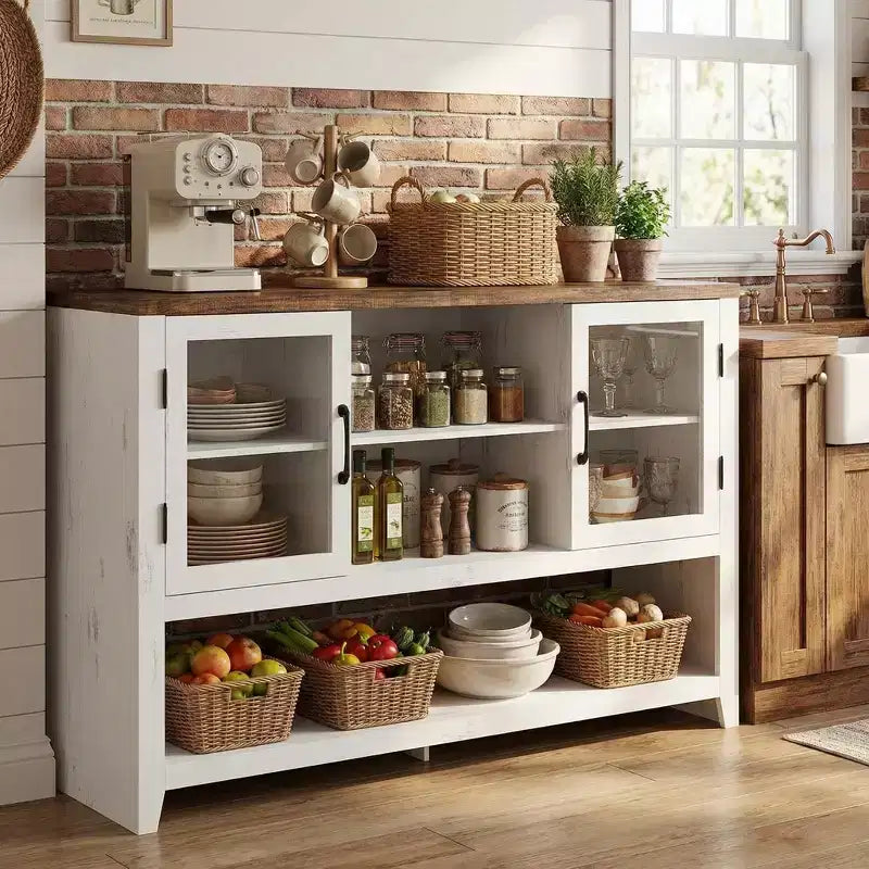 Buffet de cuisine de 53 po - Meuble de rangement moderne avec 2 portes vitrées et 3 étagères pour salon, entrée, salle à manger