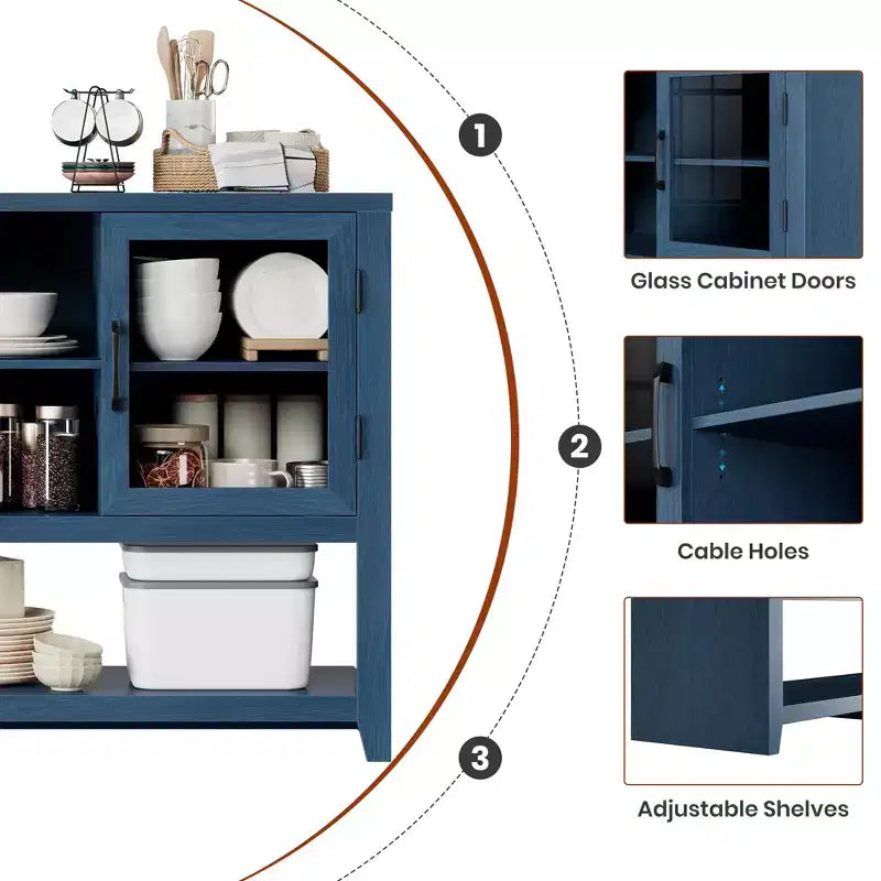 Buffet de cuisine de 53 po - Meuble de rangement moderne avec 2 portes vitrées et 3 étagères pour salon, entrée, salle à manger