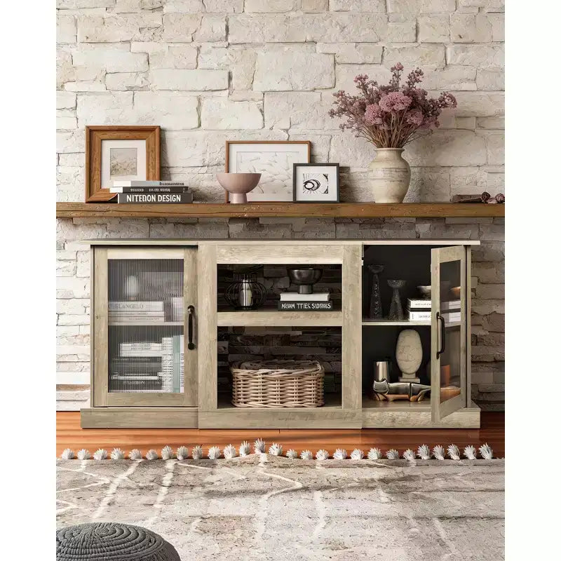 Meuble TV Mid-Century Modern pour téléviseur de 75 pouces, Console TV pour salon, Meuble de rangement avec placards, Chambre à coucher