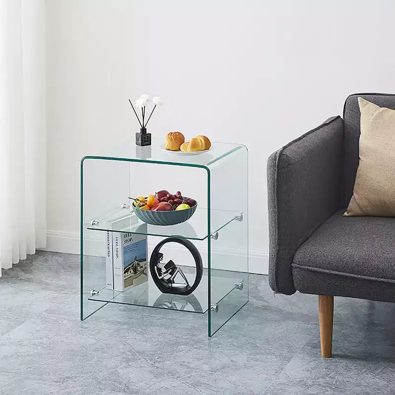 Table d'appoint à 2 niveaux en verre trempé, table de chevet/d'appoint moderne et transparente pour salon et chambre à coucher