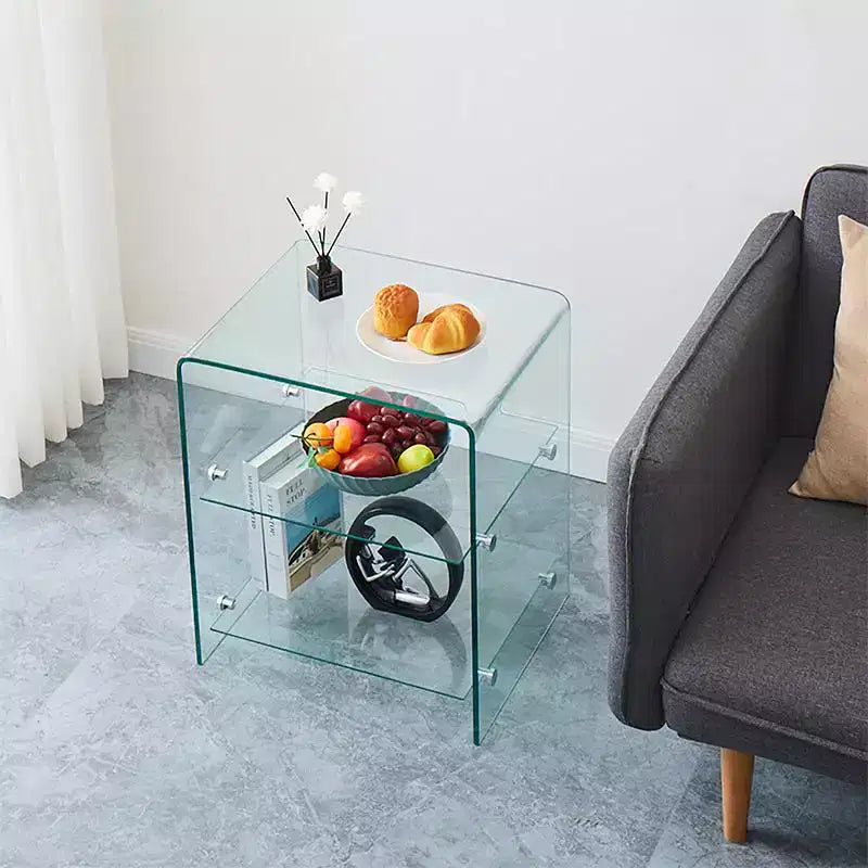 Table d'appoint à 2 niveaux en verre trempé, table de chevet/d'appoint moderne et transparente pour salon et chambre à coucher