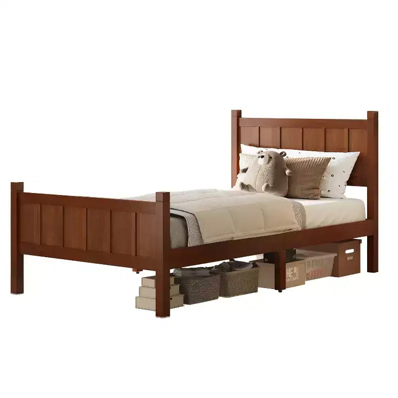 Lit plate-forme double à panneaux plats avec tête et pied de lit, cadre de lit de style ferme en grain de bois, noyer foncé