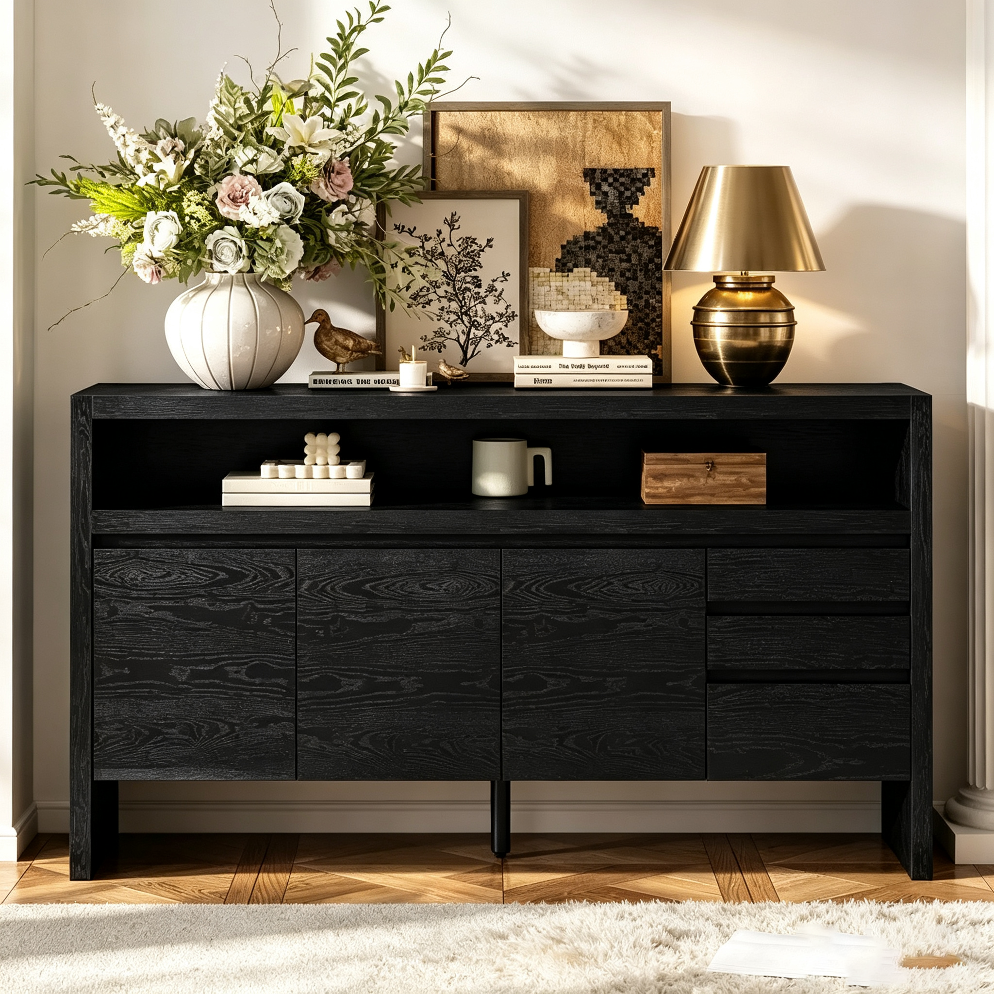 Buffet bahut de rangement de 152 cm avec 3 portes, 3 tiroirs et une étagère ouverte, console d'entrée en bois, noire
