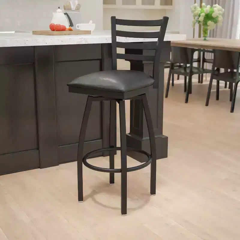 Emma and Oliver Black Ladder Back Swivel Metal Restaurant Dining Barstool