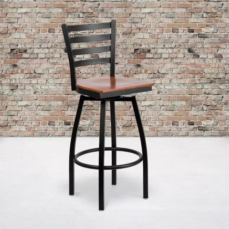 Emma and Oliver Black Ladder Back Swivel Metal Restaurant Dining Barstool