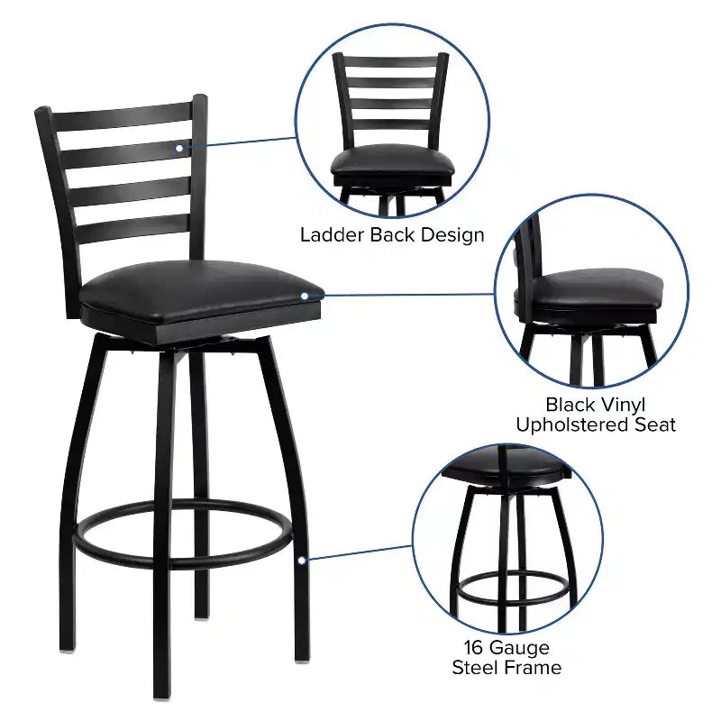 Emma and Oliver Black Ladder Back Swivel Metal Restaurant Dining Barstool
