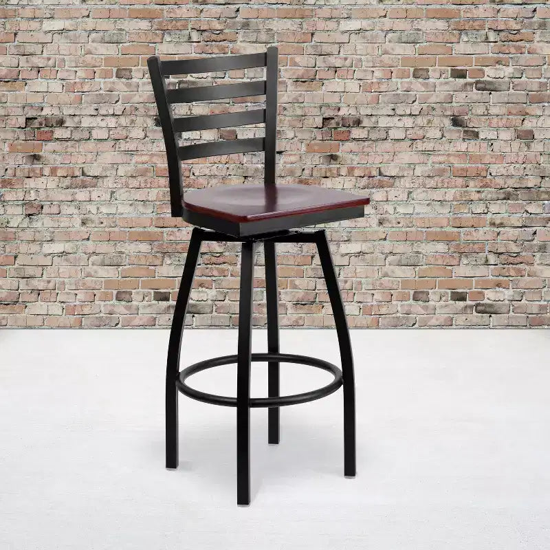Emma and Oliver Black Ladder Back Swivel Metal Restaurant Dining Barstool