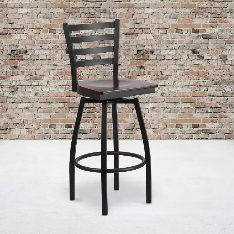 Emma and Oliver Black Ladder Back Swivel Metal Restaurant Dining Barstool