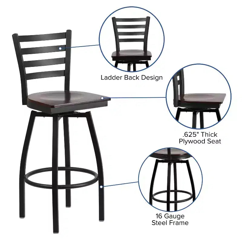 Emma and Oliver Black Ladder Back Swivel Metal Restaurant Dining Barstool