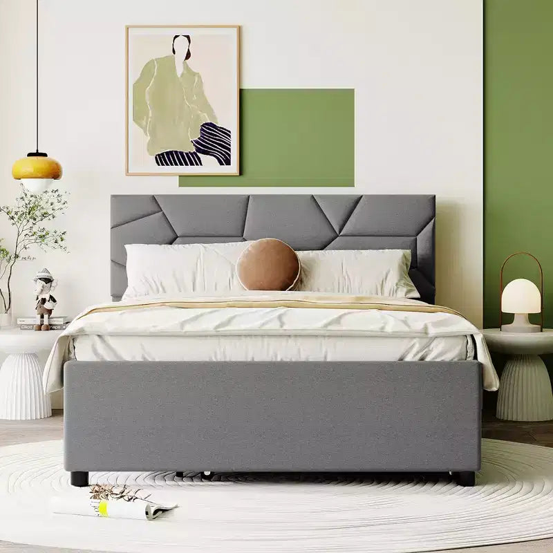 Upholstered Platform Bed with Brick Pattern Headboard and Trundle Bed-ModernLuxe