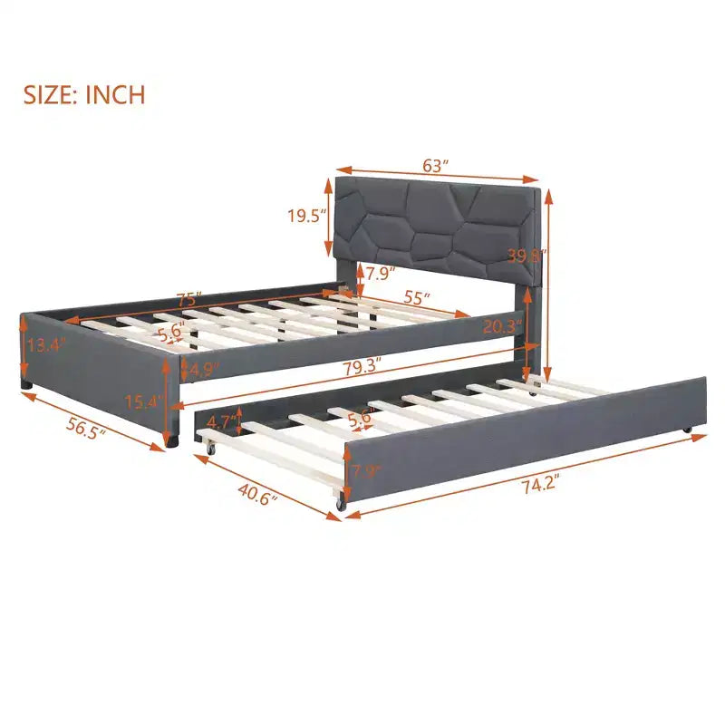 Upholstered Platform Bed with Brick Pattern Headboard and Trundle Bed-ModernLuxe