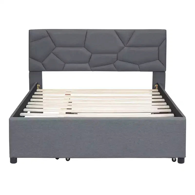Upholstered Platform Bed with Brick Pattern Headboard and Trundle Bed-ModernLuxe
