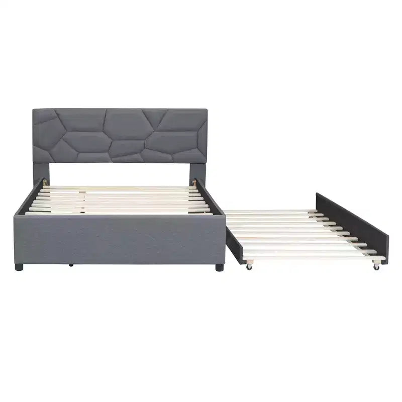 Upholstered Platform Bed with Brick Pattern Headboard and Trundle Bed-ModernLuxe
