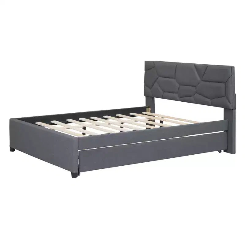Upholstered Platform Bed with Brick Pattern Headboard and Trundle Bed-ModernLuxe