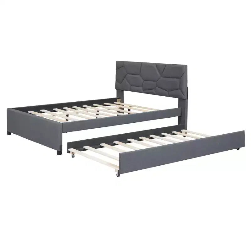 Upholstered Platform Bed with Brick Pattern Headboard and Trundle Bed-ModernLuxe