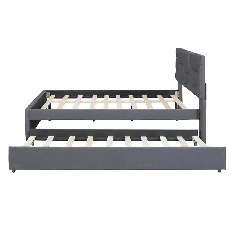 Upholstered Platform Bed with Brick Pattern Headboard and Trundle Bed-ModernLuxe