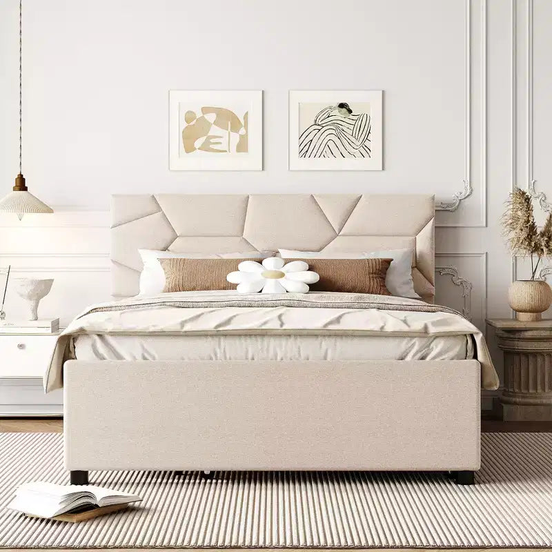 Upholstered Platform Bed with Brick Pattern Headboard and Trundle Bed-ModernLuxe