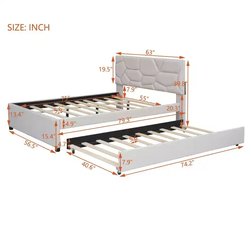 Upholstered Platform Bed with Brick Pattern Headboard and Trundle Bed-ModernLuxe
