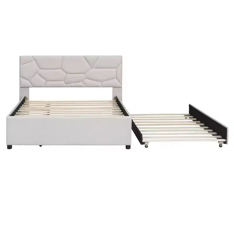 Upholstered Platform Bed with Brick Pattern Headboard and Trundle Bed-ModernLuxe