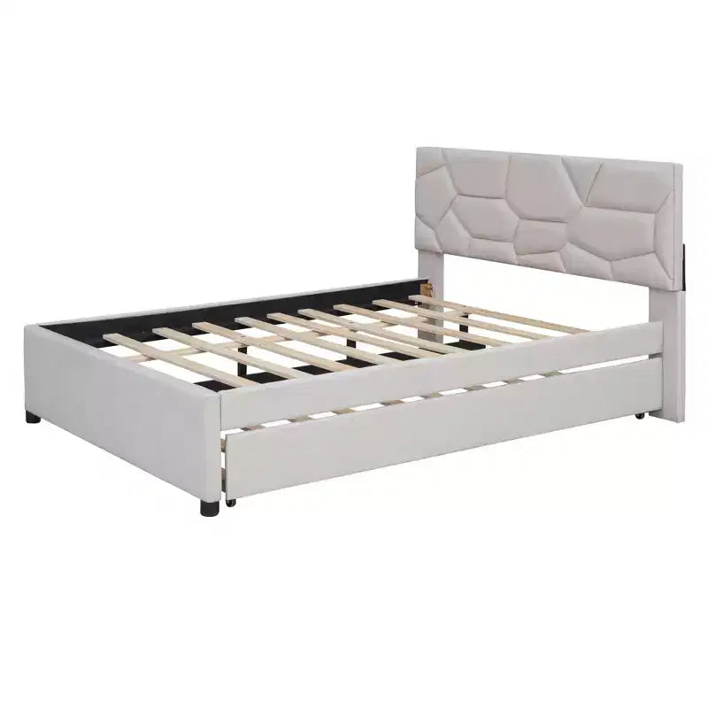 Upholstered Platform Bed with Brick Pattern Headboard and Trundle Bed-ModernLuxe