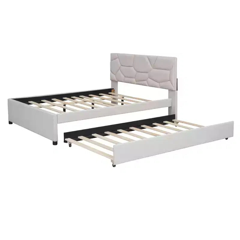 Upholstered Platform Bed with Brick Pattern Headboard and Trundle Bed-ModernLuxe