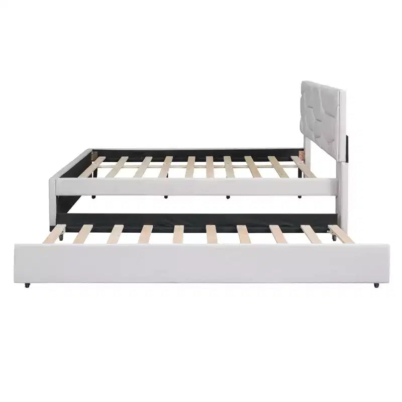 Upholstered Platform Bed with Brick Pattern Headboard and Trundle Bed-ModernLuxe