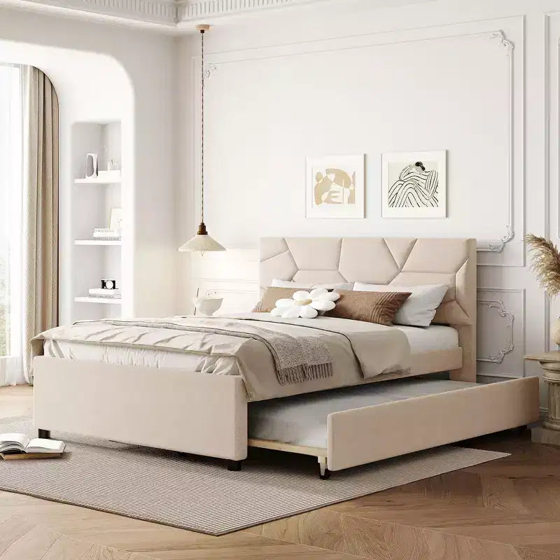 Upholstered Platform Bed with Brick Pattern Headboard and Trundle Bed-ModernLuxe