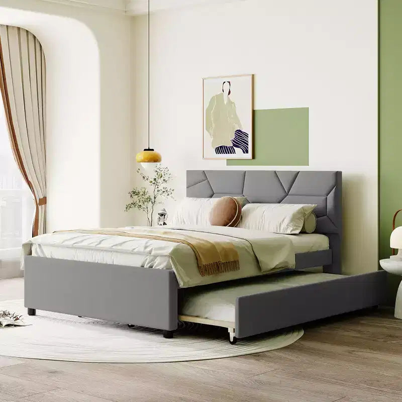 Upholstered Platform Bed with Brick Pattern Headboard and Trundle Bed-ModernLuxe